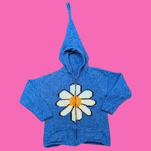 Boho, Flower, Blue Crochet Hoodie Sweater Size M